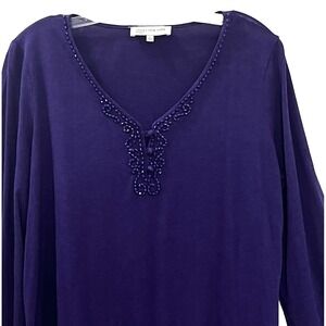 Jones New York Women's Top L Purple Beaded V-Neck Long Sleeve Bubble Hem‎